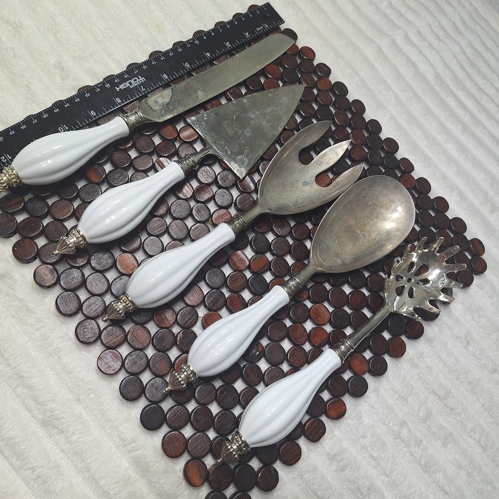 5 Pc Set Elegant Godinger Silver Plate Serving Set Porcelain Handle Victorian